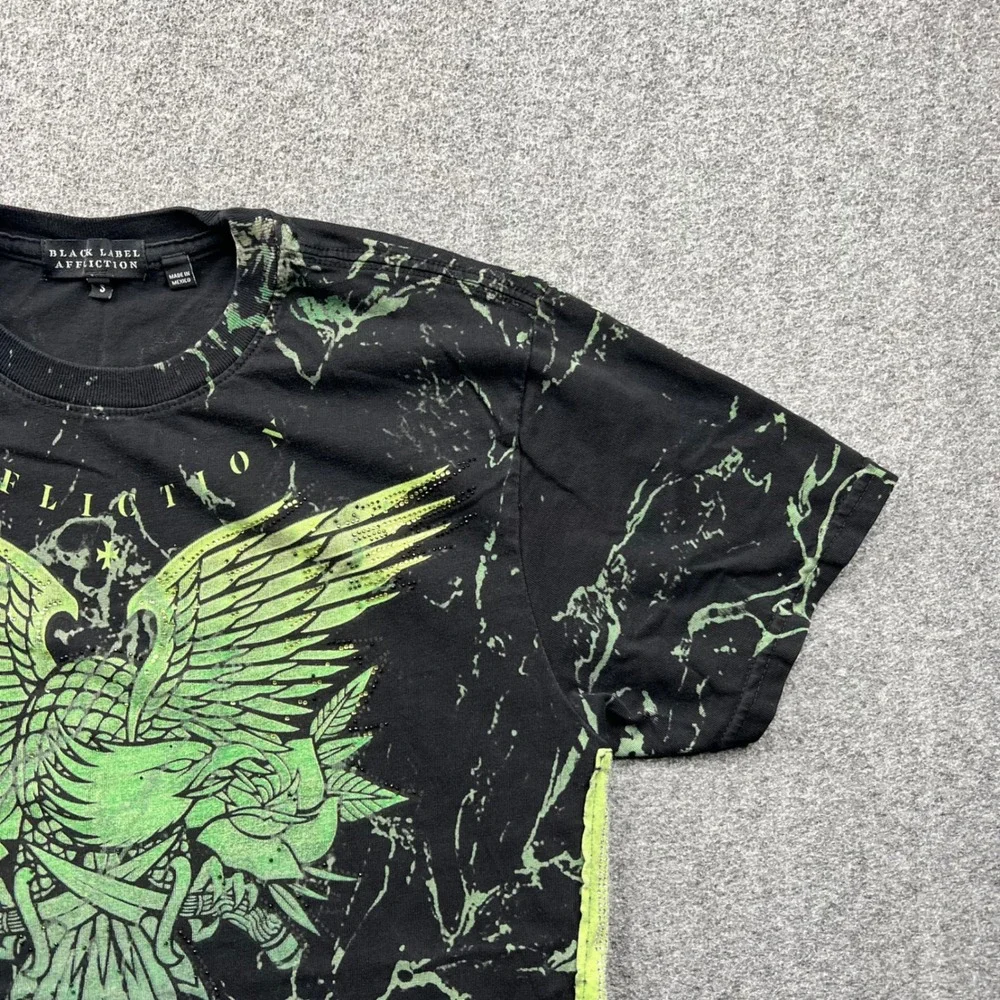 Affliction‎ T Shirt Mens Small Black Green Black Label Marble Winged Graphic Tee